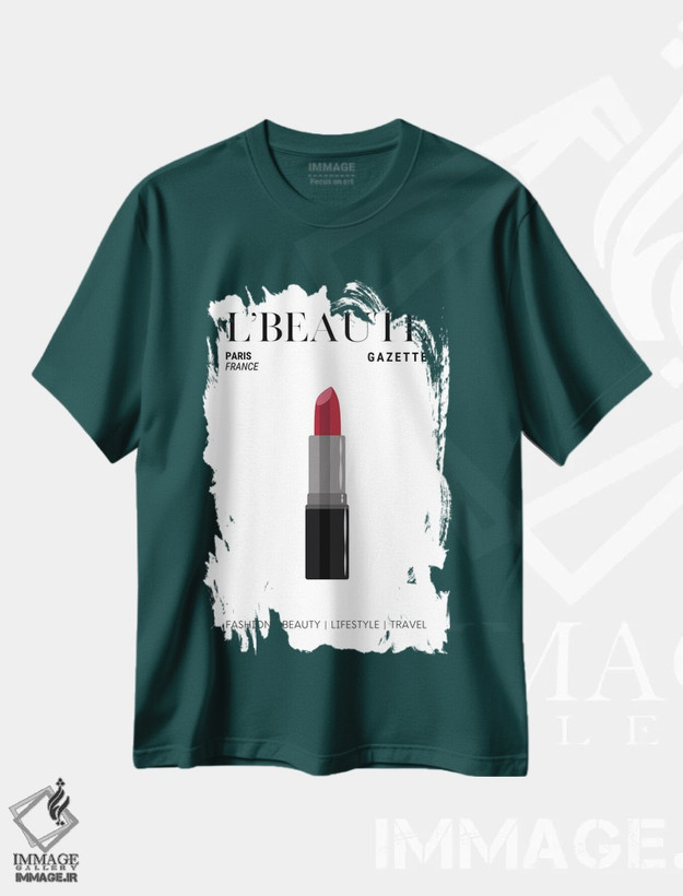تیشرت سبز طرح دار جلد مجله آرایش L'Beaute Gazette با رژ لب قرمز کلاسیک اثر پیج ترنر