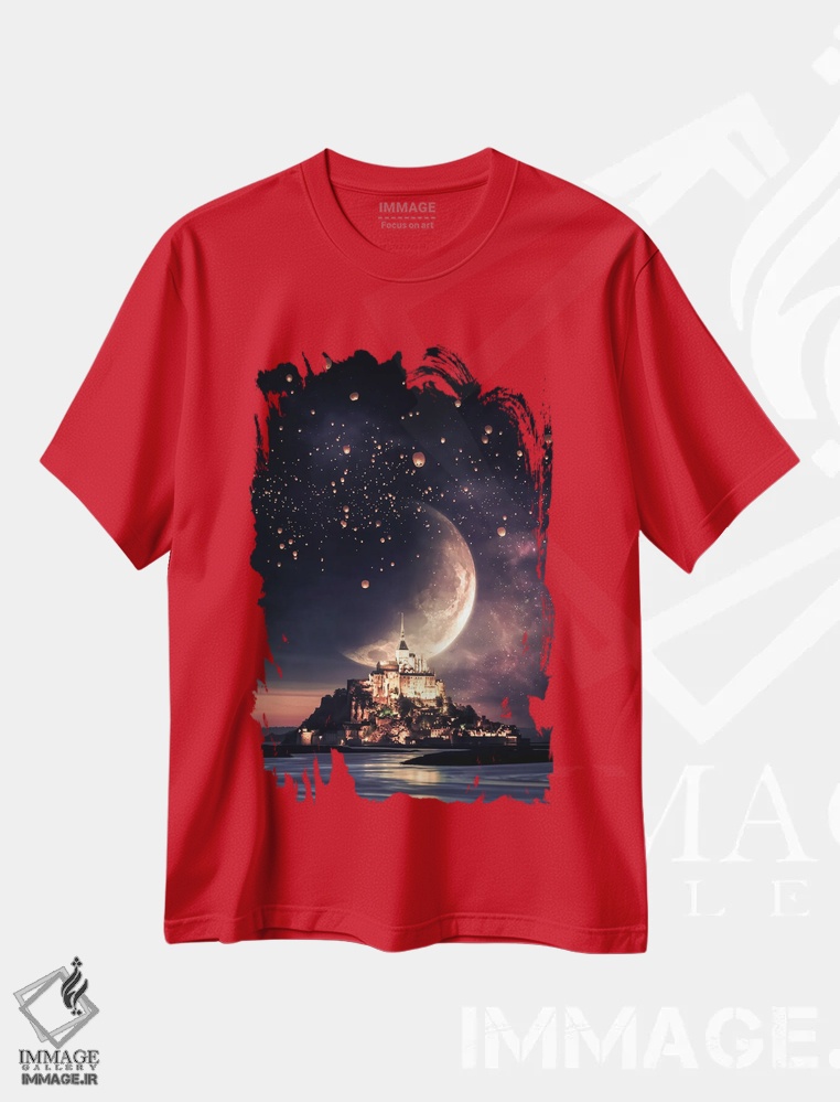 تیشرت قرمز طرح دار Full Moon And Chinese Lanterns,مون سن میشل، ماه کامل و فانوس های چینی اثر جن زد