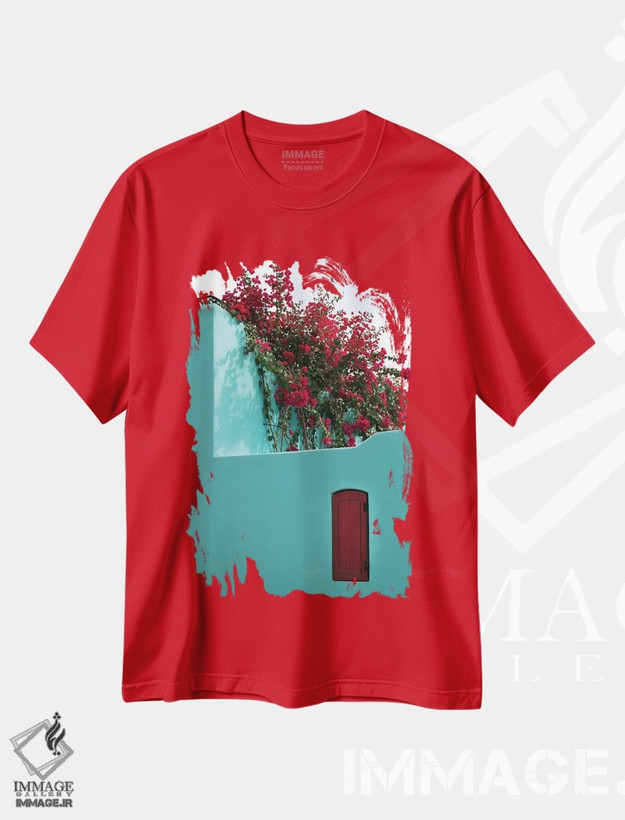 تیشرت قرمز طرح دار Baja California Sur. Loreto Bay, Colorful Home And Climbing Azalea,مکزیک، باخا کالیفرنیا سور. خلیج لورتو، خانه رنگارنگ و آزالیا رونده اثر جِنل دیویدسون