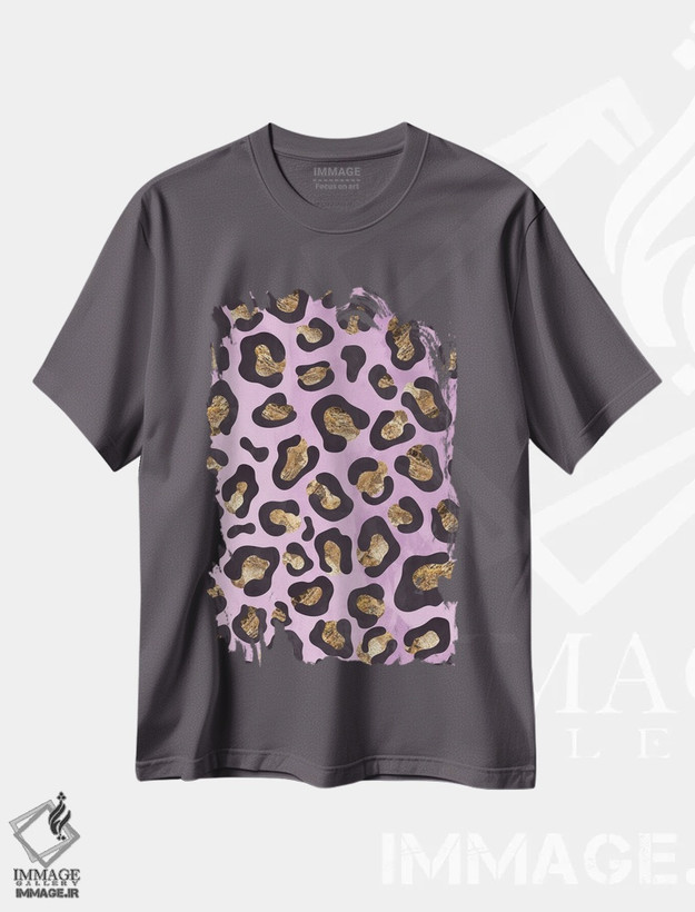 تیشرت طوسی طرح فانتزی ,نقش پلنگی صورتی طلایی اثر سارا مانوفسکی
