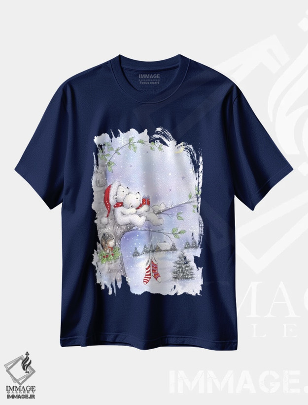 تیشرت سرمه ای طرح طبیعت ,"زوج خرس روی درخت" اثر ماکیکو