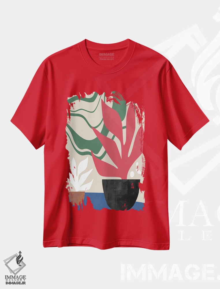 تیشرت قرمز طرح دار باغ رنگارنگ اثر آنجِل استوز