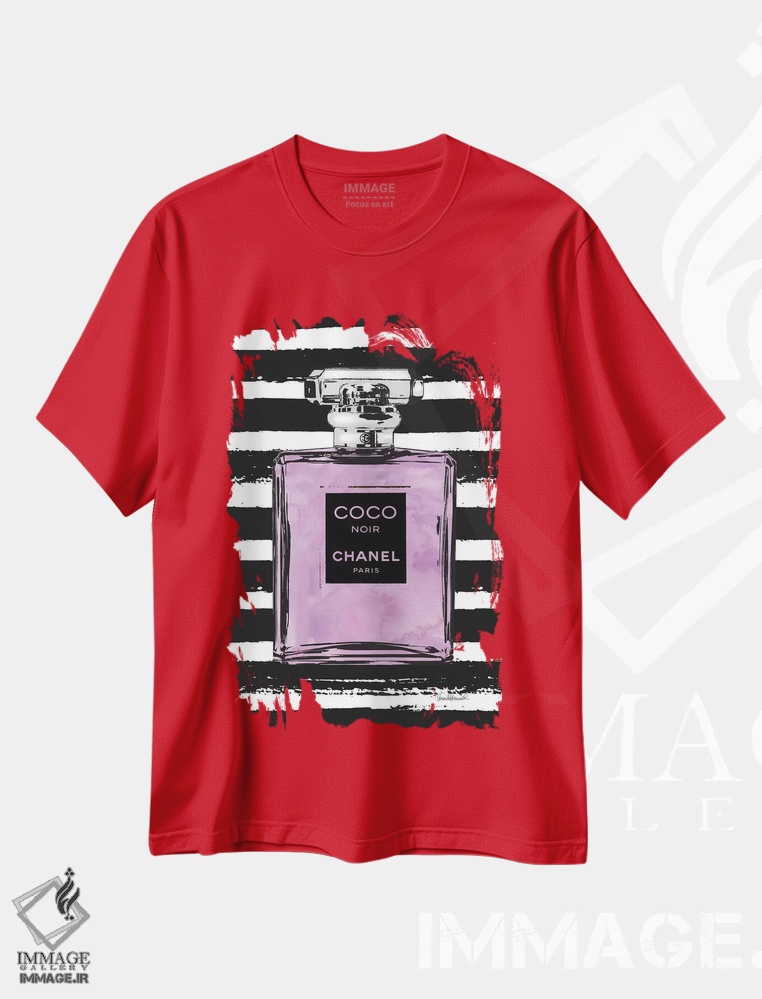 تیشرت قرمز طرح دار عطر بنفش بر روی خطوط مشکی اثر آماندا گرینوود