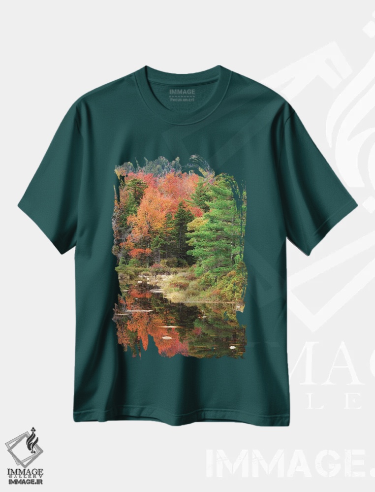 تیشرت سبز طرح دار New Hampshire, White Mountains. Autumn lake reflections.,آمریکا، نیوهمپشایر، کوه های وایت. بازتاب های پاییزی دریاچه اثر جینز گالری