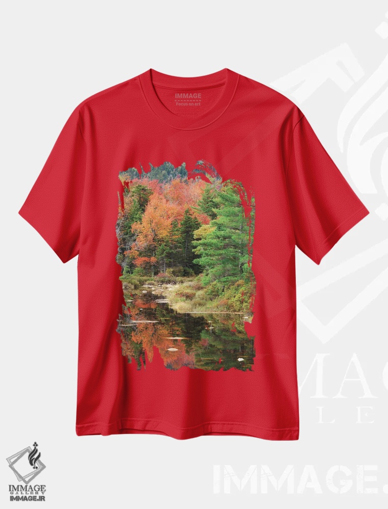 تیشرت قرمز طرح دار New Hampshire, White Mountains. Autumn lake reflections.,آمریکا، نیوهمپشایر، کوه های وایت. بازتاب های پاییزی دریاچه اثر جینز گالری