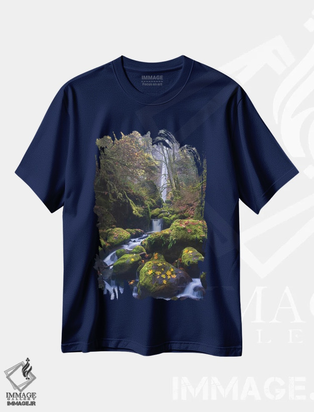 تیشرت سرمه ای طرح دار Oregon. Autumn view of McCord Creek flowing below Elowah Falls in the Columbia River Gorge.,نمای پاییزی جریان رود مک کورد زیر آبشار الووا، دره کلمبیا، اورگن، آمریکا اثر گری لوهِم