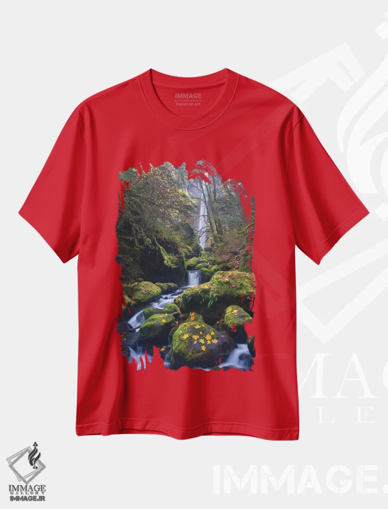 تیشرت قرمز طرح دار Oregon. Autumn view of McCord Creek flowing below Elowah Falls in the Columbia River Gorge.,نمای پاییزی جریان رود مک کورد زیر آبشار الووا، دره کلمبیا، اورگن، آمریکا اثر گری لوهِم