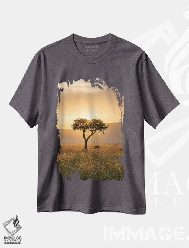 تیشرت طوسی طرح دار Maasai Mara, Kenya, Africa,درخت آکاسیا هنگام غروب خورشید، ماسایی مارا، کنیا، آفریقا اثر یان بکه