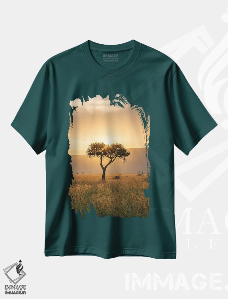 تیشرت سبز طرح دار Maasai Mara, Kenya, Africa,درخت آکاسیا هنگام غروب خورشید، ماسایی مارا، کنیا، آفریقا اثر یان بکه