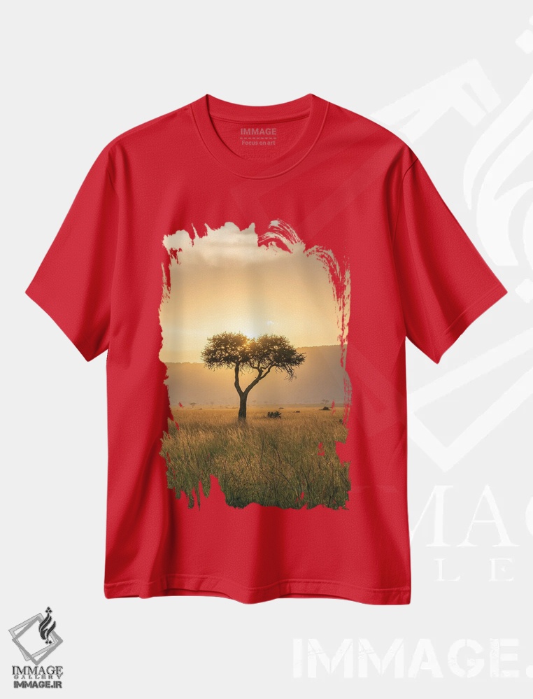 تیشرت قرمز طرح دار Maasai Mara, Kenya, Africa,درخت آکاسیا هنگام غروب خورشید، ماسایی مارا، کنیا، آفریقا اثر یان بکه