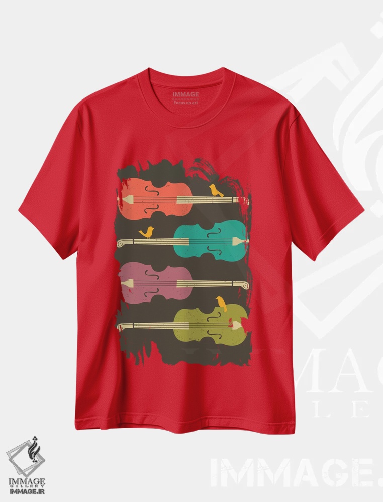 تیشرت قرمز طرح دار پرندگان روی سیم ویولنسل اثر جازبری بلو