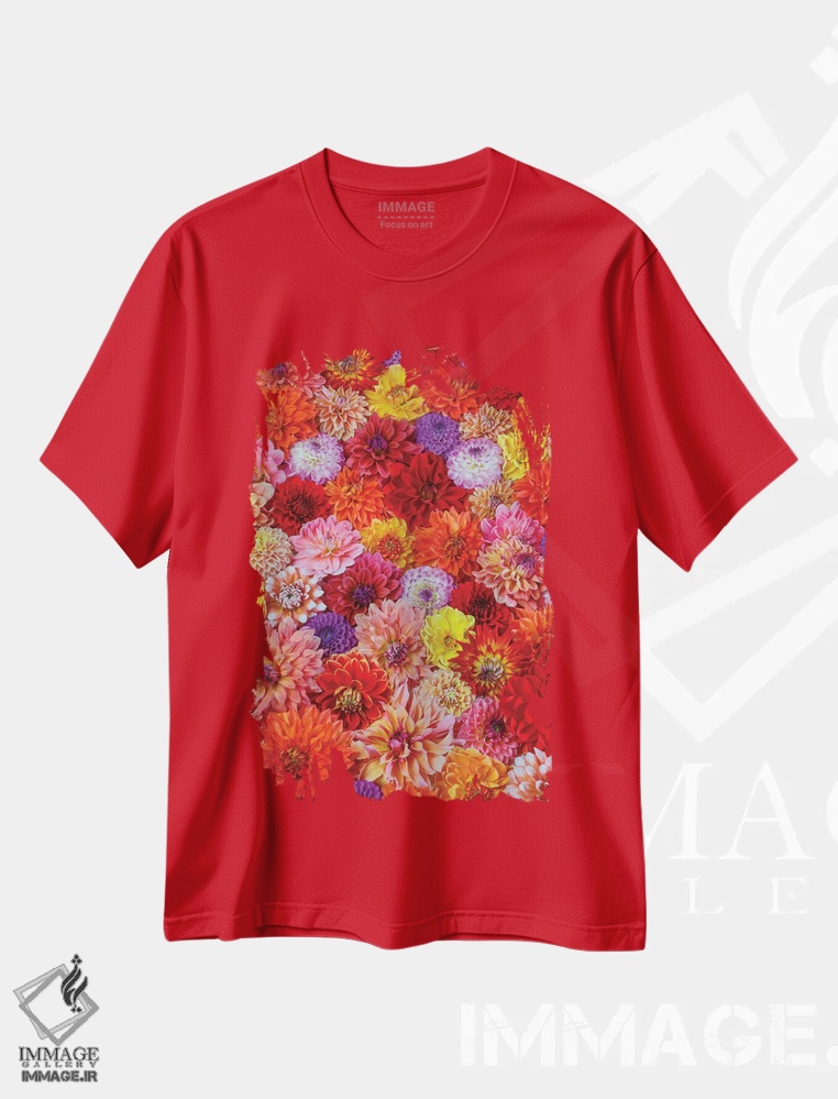 تیشرت قرمز طرح دار Washington State, Sammamish. Dahlia Grouping Flower Pattern And Design,آمریکا، واشنگتن، سامامیش. الگو و طرح گروهی گل داهلیا اثر دارل گالین