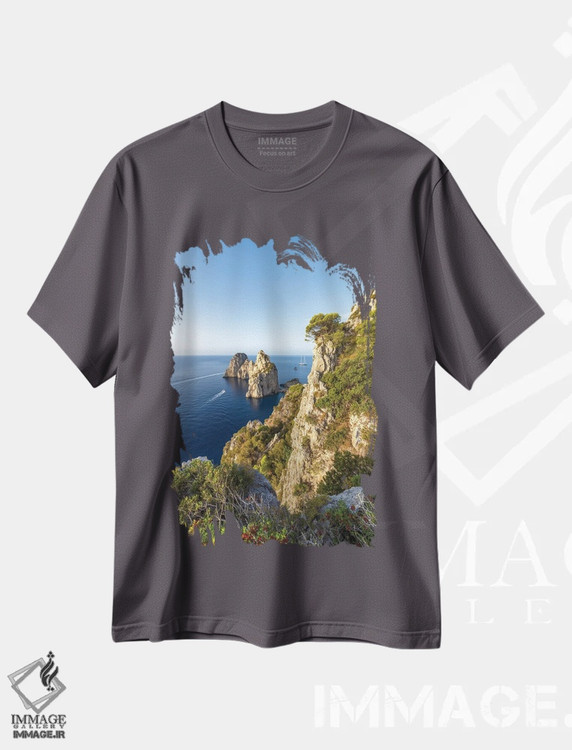 تیشرت طوسی طرح دار Capri Island, Italy,صخره های فاراگلیونی، جزیره کاپری، ایتالیا اثر یان بکه