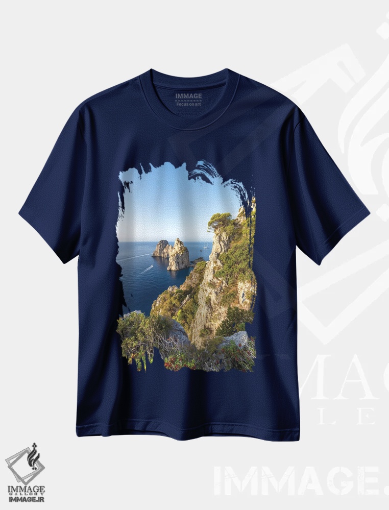 تیشرت سرمه ای طرح دار Capri Island, Italy,صخره های فاراگلیونی، جزیره کاپری، ایتالیا اثر یان بکه
