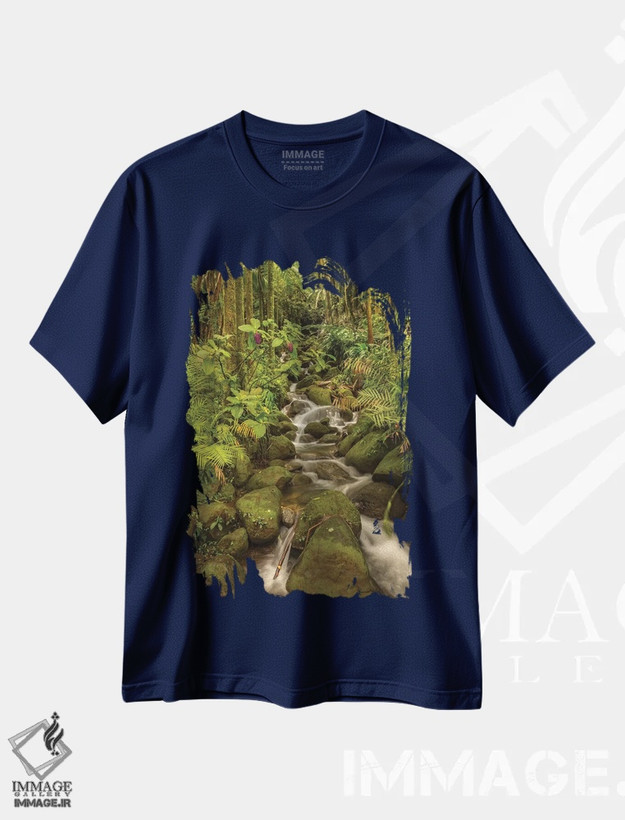 تیشرت سرمه ای طرح دار Hawaii, Hawaii Tropical Botanical Garden. Tropical stream cascade over rocks.,آمریکا، هاوایی، باغ گیاه شناسی استوایی هاوایی. جوی استوایی که بر روی سنگ ها جاری است اثر جینز گالری