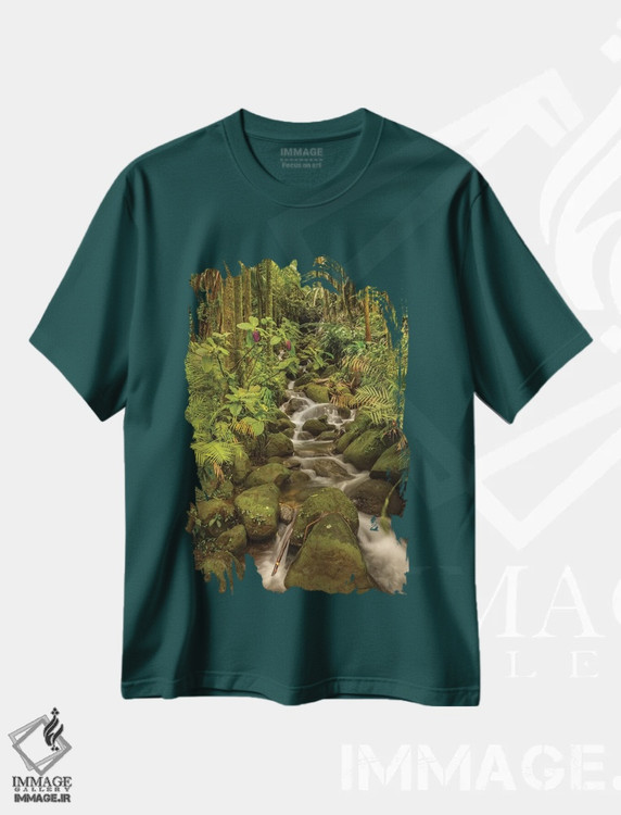 تیشرت سبز طرح دار Hawaii, Hawaii Tropical Botanical Garden. Tropical stream cascade over rocks.,آمریکا، هاوایی، باغ گیاه شناسی استوایی هاوایی. جوی استوایی که بر روی سنگ ها جاری است اثر جینز گالری