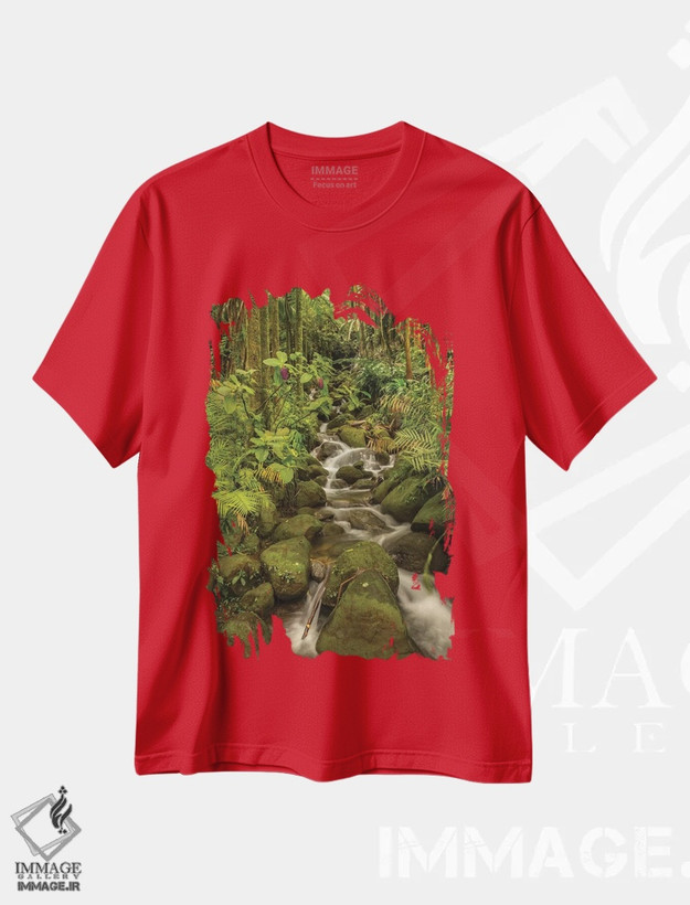 تیشرت قرمز طرح دار Hawaii, Hawaii Tropical Botanical Garden. Tropical stream cascade over rocks.,آمریکا، هاوایی، باغ گیاه شناسی استوایی هاوایی. جوی استوایی که بر روی سنگ ها جاری است اثر جینز گالری