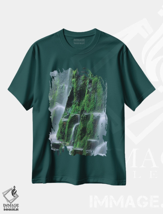 تیشرت سبز طرح دار Oregon, Three Sisters Wilderness. Close-up of Proxy Falls.,ایالات متحده، اورگن، منطقه حفاظت شده تری سیسترز. نمای نزدیک آبشار پراکسی. اثر جینز گالری