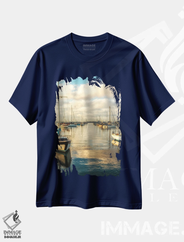 تیشرت سرمه ای طرح دار San Diego Harbor,صبح با رنگ مسی، بندر سن دیگو اثر جوزف اس. جیاکالونه