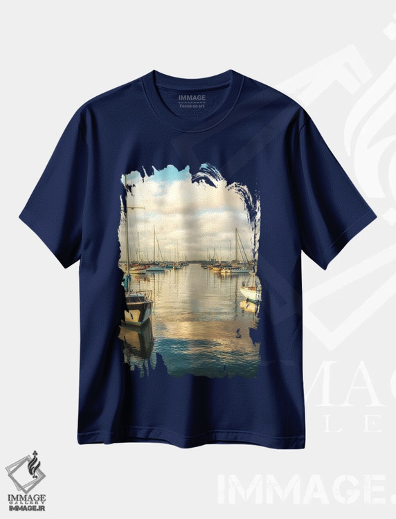 تیشرت سرمه ای طرح دار San Diego Harbor,صبح با رنگ مسی، بندر سن دیگو اثر جوزف اس. جیاکالونه