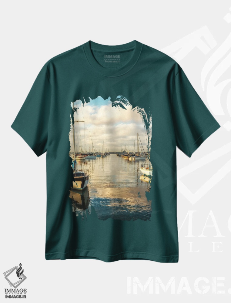 تیشرت سبز طرح دار San Diego Harbor,صبح با رنگ مسی، بندر سن دیگو اثر جوزف اس. جیاکالونه