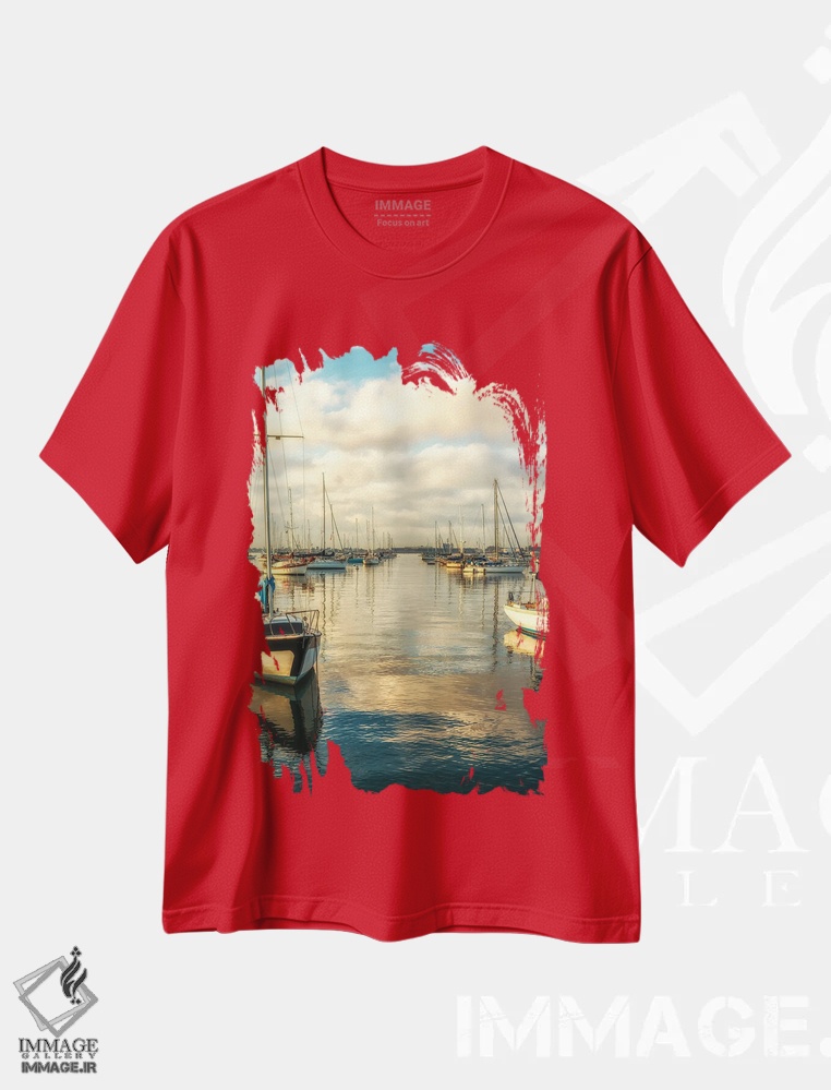 تیشرت قرمز طرح دار San Diego Harbor,صبح با رنگ مسی، بندر سن دیگو اثر جوزف اس. جیاکالونه