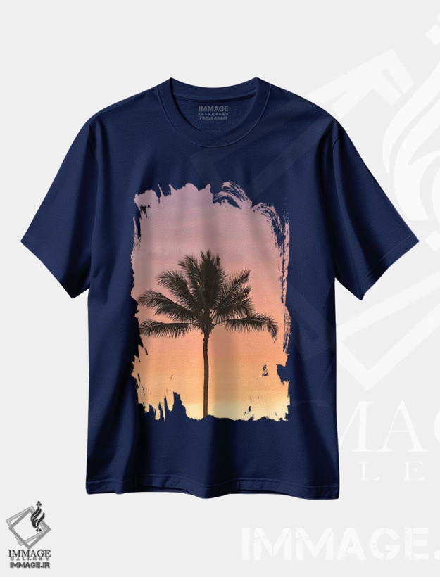 تیشرت سرمه ای طرح دار Hawaii, Kauai, Lawai. Palm tree at sunset.,آمریکا، هاوایی، کائوآی، لاوای. نخل در غروب اثر جینز گالری