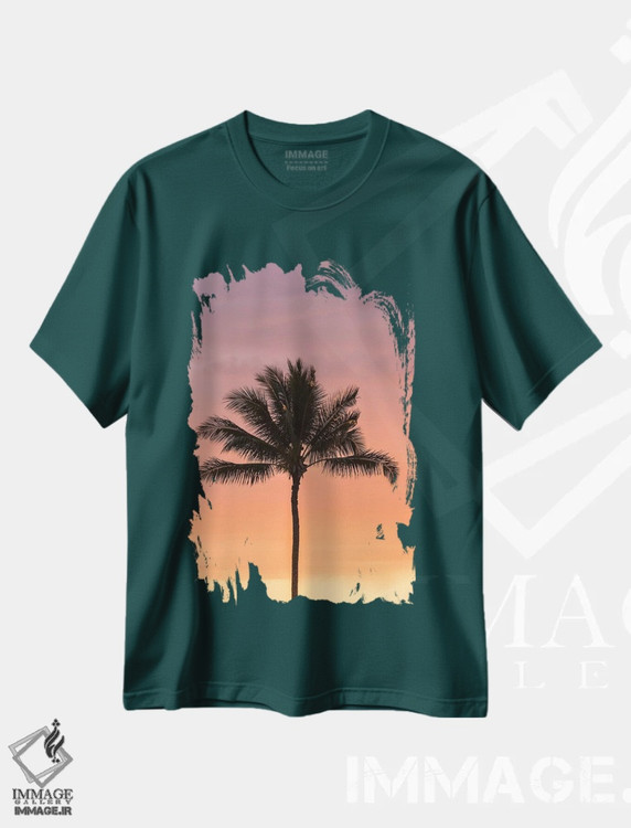 تیشرت سبز طرح دار Hawaii, Kauai, Lawai. Palm tree at sunset.,آمریکا، هاوایی، کائوآی، لاوای. نخل در غروب اثر جینز گالری
