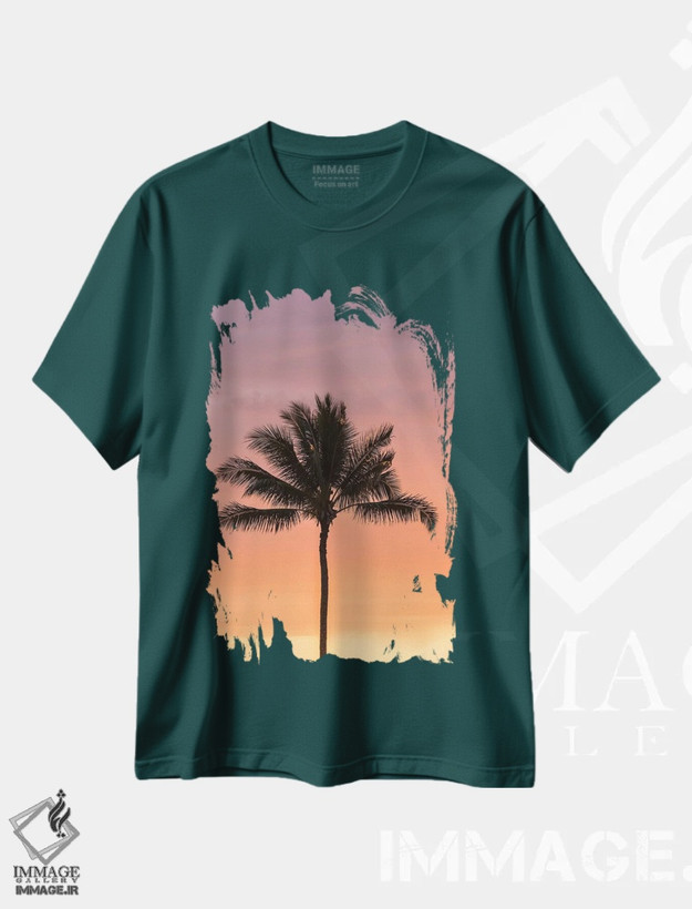 تیشرت سبز طرح دار Hawaii, Kauai, Lawai. Palm tree at sunset.,آمریکا، هاوایی، کائوآی، لاوای. نخل در غروب اثر جینز گالری