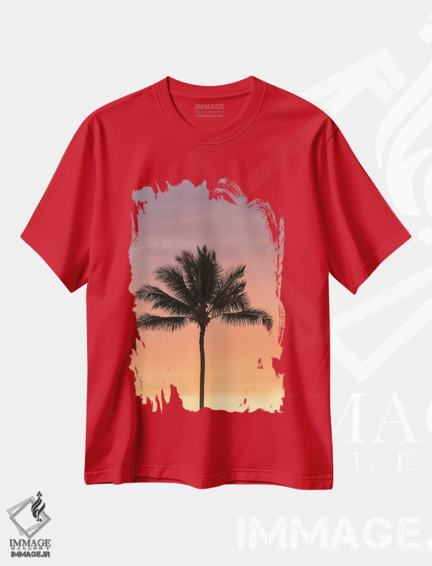 تیشرت قرمز طرح دار Hawaii, Kauai, Lawai. Palm tree at sunset.,آمریکا، هاوایی، کائوآی، لاوای. نخل در غروب اثر جینز گالری