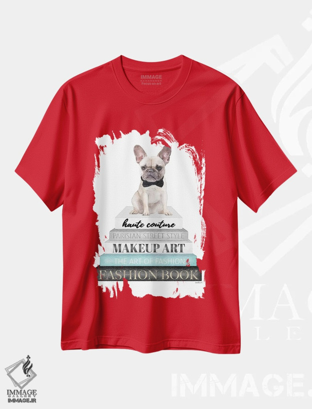 تیشرت قرمز طرح دار White Frenchie,کتاب های خاکستری با فیروزه ای و فرنچ بولداگ سفید اثر آماندا گرینوود