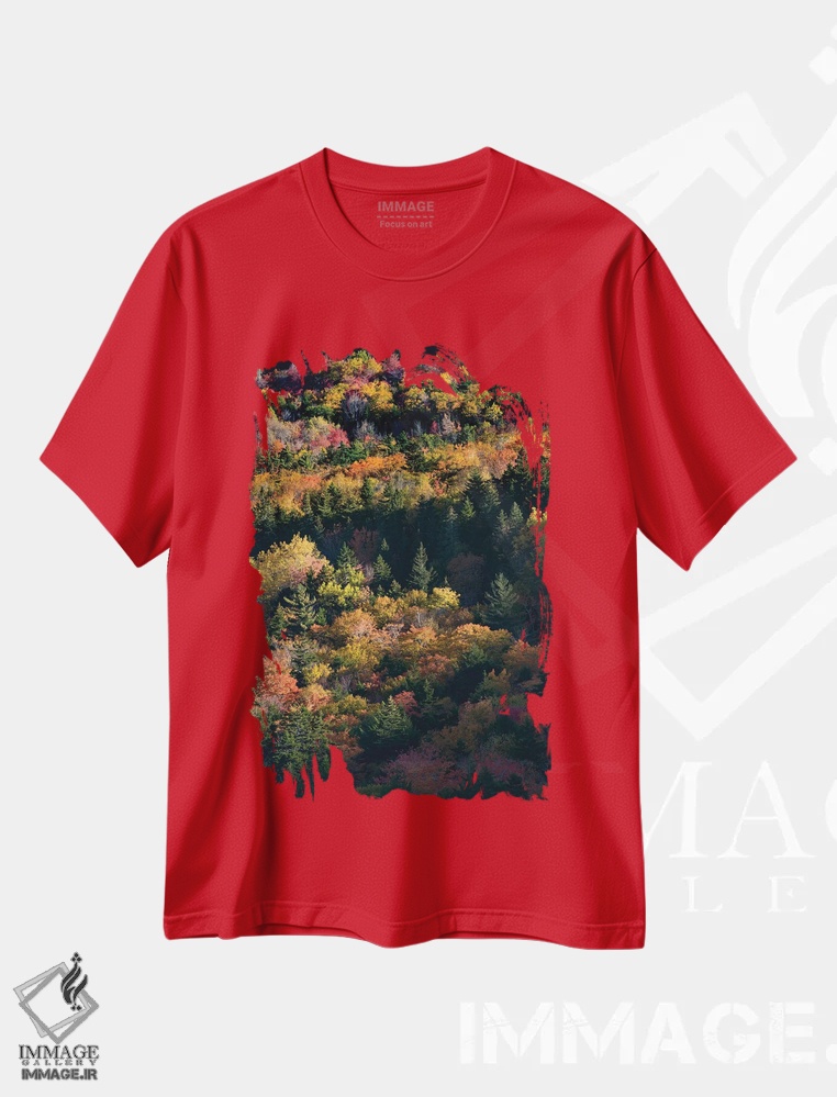 تیشرت قرمز طرح دار Maine. Autumn foliage viewed from atop The Bubbles near Jordan Pond, Acadia National Park.,ایالات متحده، مین. چشم انداز برگ های پاییزی از بالای تپه های بابلز در نزدیکی برکه جردن، پارک ملی آکادیا اثر جودیت زیمرمن