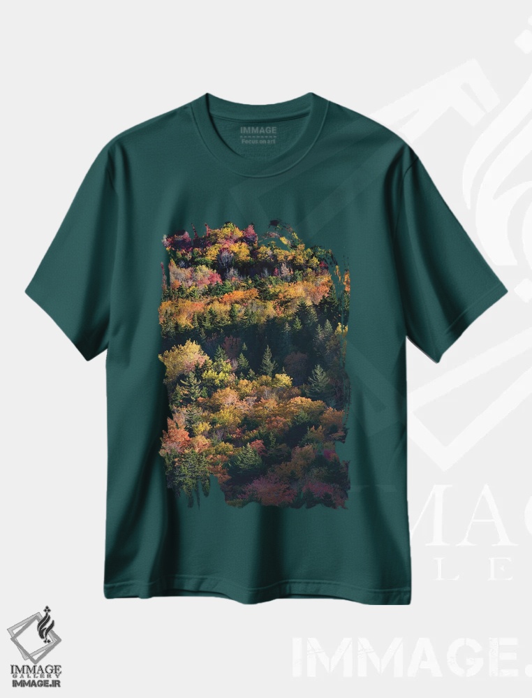تیشرت سبز طرح دار Maine. Autumn foliage viewed from atop The Bubbles near Jordan Pond, Acadia National Park.,ایالات متحده، مین. چشم انداز برگ های پاییزی از بالای تپه های بابلز در نزدیکی برکه جردن، پارک ملی آکادیا اثر جودیت زیمرمن