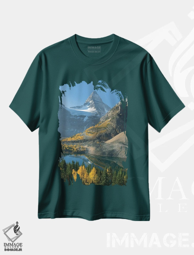 تیشرت سبز طرح دار Mount Assiniboine Provincial Park, British Columbia, Canada,درختان لارج در پاییز پایین کوه اسی نیبوین با دریاچه سان برست، پارک استانی کوه اسی نیبوین، بریتیش کلمبیا، کانادا اثر کوین شافر