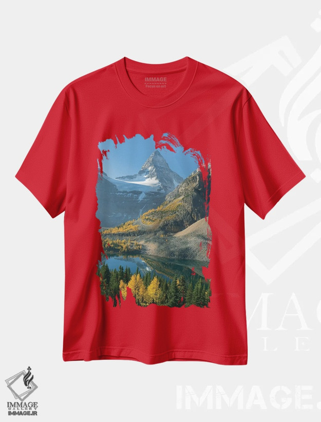 تیشرت قرمز طرح دار Mount Assiniboine Provincial Park, British Columbia, Canada,درختان لارج در پاییز پایین کوه اسی نیبوین با دریاچه سان برست، پارک استانی کوه اسی نیبوین، بریتیش کلمبیا، کانادا اثر کوین شافر
