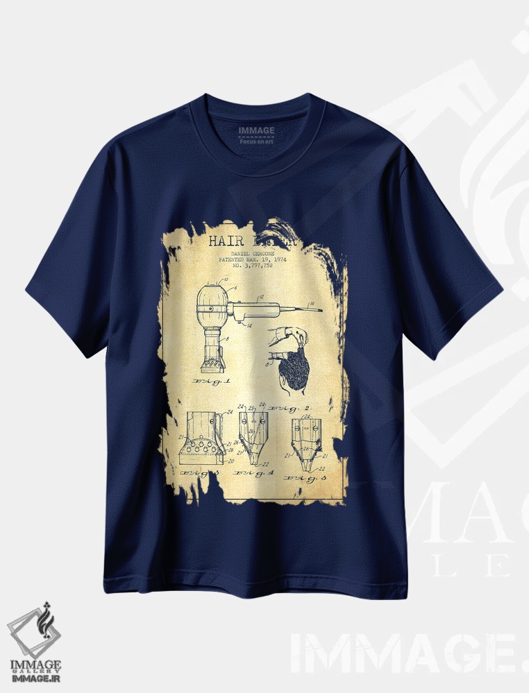 تیشرت سرمه ای طرح دار نقشهٔ ثبت اختراع سشوار اثر پیکسل کهنه