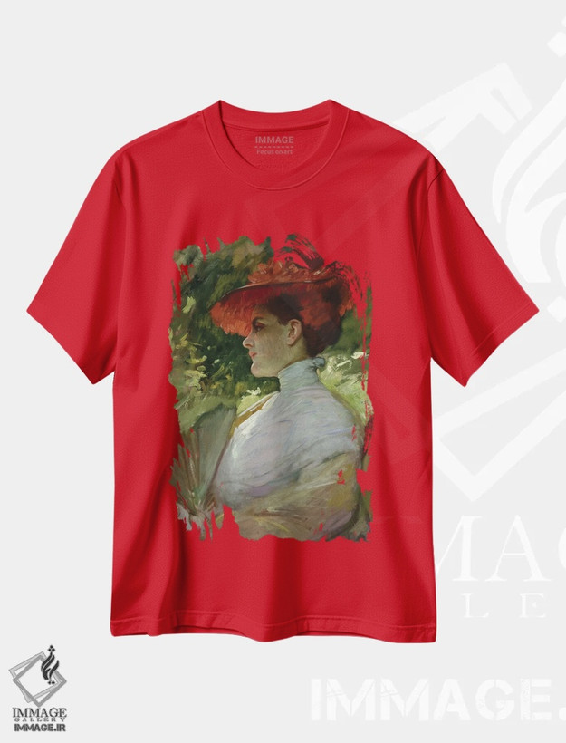تیشرت قرمز طرح دار Or Portrait Of Maggie Wilson, C.1904,بانویی با کلاه قرمز یا پرترهٔ مگی ویلسون، حدود ۱۹۰۴ اثر فرانک دوونک