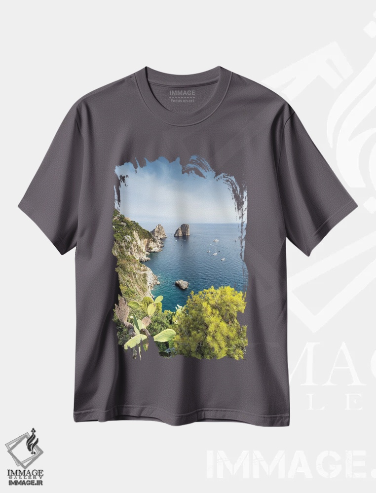 تیشرت طوسی طرح دار Capri Island, Italy,صخره های فاراگلیونی از باغ های آگوستوس، جزیره کاپری، ایتالیا اثر یان بکه