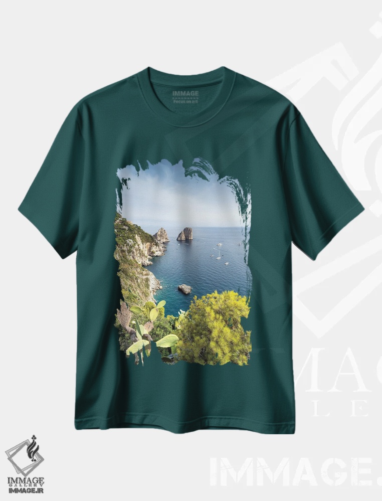تیشرت سبز طرح دار Capri Island, Italy,صخره های فاراگلیونی از باغ های آگوستوس، جزیره کاپری، ایتالیا اثر یان بکه