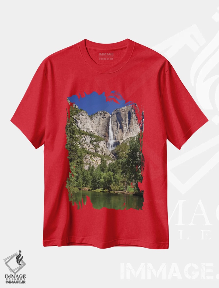تیشرت قرمز طرح دار California, Yosemite National Park. Yosemite Falls And Merced River Landscape.,آبشار یوسمیتی و منظره رودخانه مرسد اثر جینز گالری