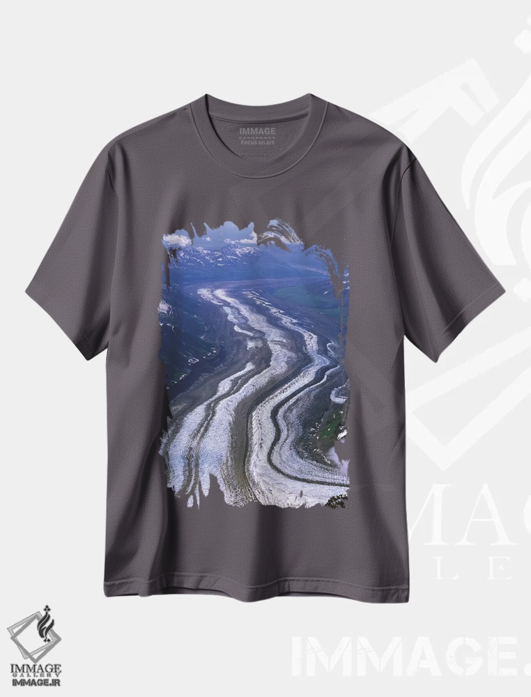 تیشرت طوسی طرح دار Tokositna Glacier, Denali National Park & Preserve, Alaska, USA,نمای هوایی یخچال توکوسیتنا، پارک ملی و منطقه حفاظت شده دنالی، آلاسکا، آمریکا اثر هیو رز