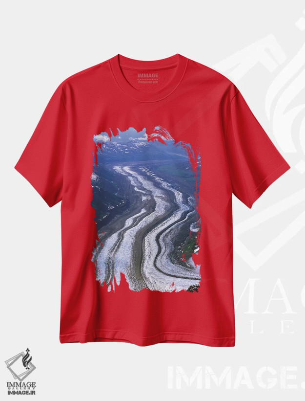 تیشرت قرمز طرح دار Tokositna Glacier, Denali National Park & Preserve, Alaska, USA,نمای هوایی یخچال توکوسیتنا، پارک ملی و منطقه حفاظت شده دنالی، آلاسکا، آمریکا اثر هیو رز