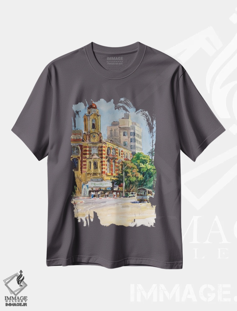 تیشرت طوسی طرح دار مرکز شهر یانگون برمه اثر کنتس آرت