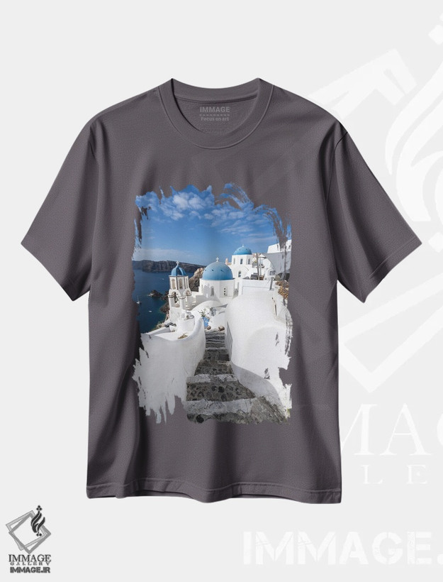 تیشرت طوسی طرح دار Santorini, Greece,خانه های سفید در اویا، سانتورینی، یونان اثر یان بکه