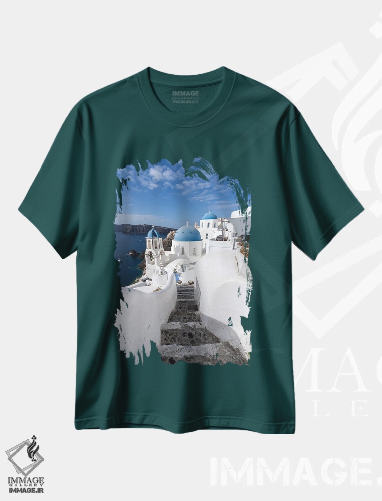 تیشرت سبز طرح دار Santorini, Greece,خانه های سفید در اویا، سانتورینی، یونان اثر یان بکه
