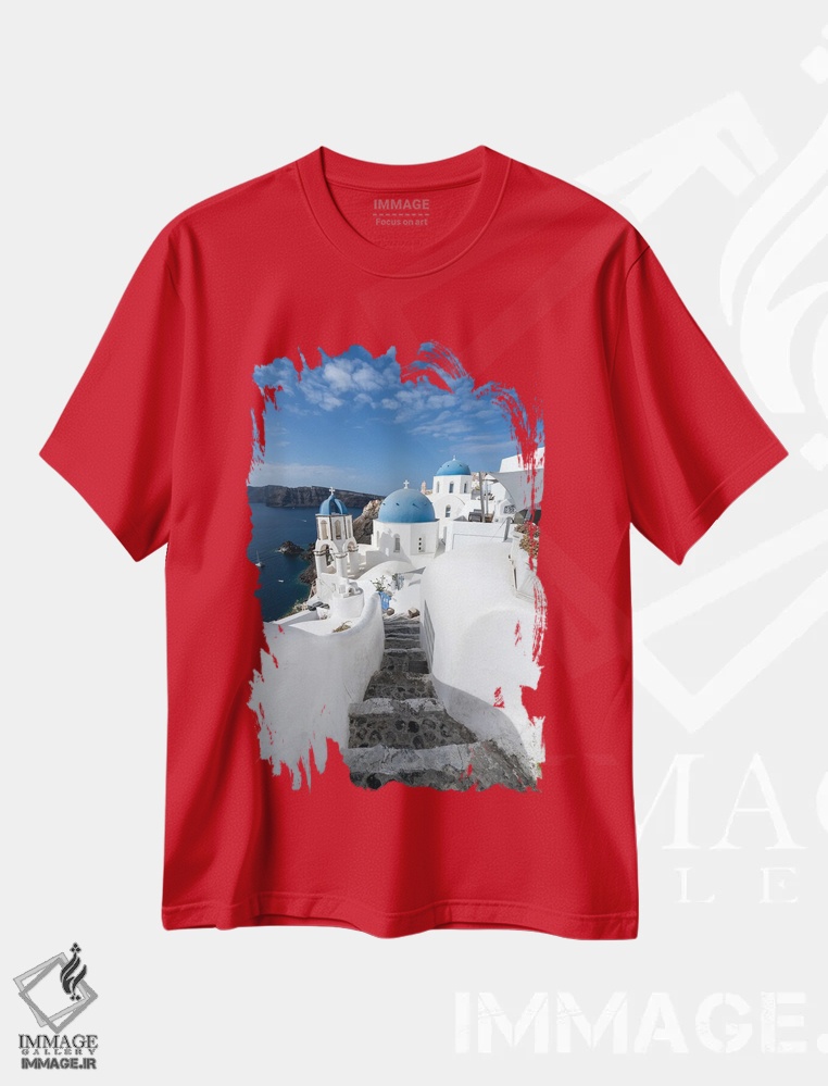 تیشرت قرمز طرح دار Santorini, Greece,خانه های سفید در اویا، سانتورینی، یونان اثر یان بکه