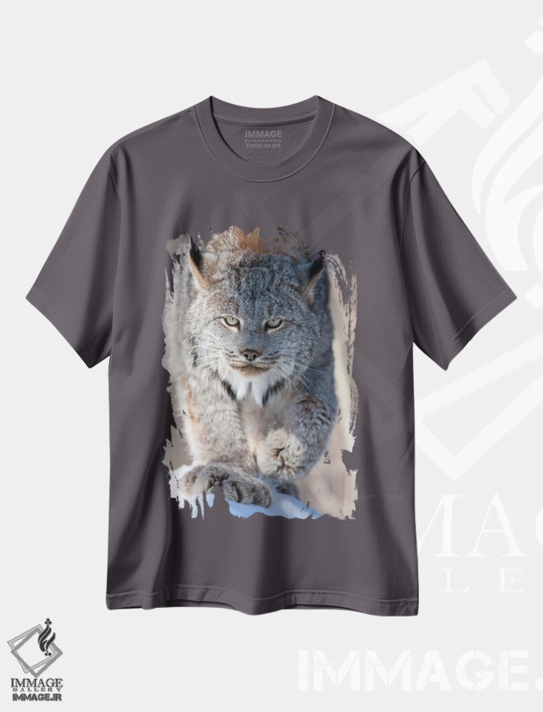 تیشرت طوسی طرح دار Minnesota, Sandstone. Lynx walking,آمریکا، مینه سوتا، سندستون، سیاه گوش در حال قدم زدن اثر هولیس لونی