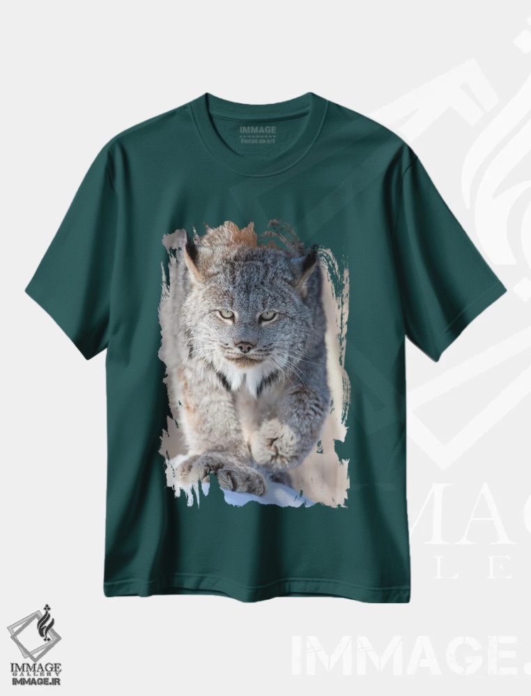 تیشرت سبز طرح دار Minnesota, Sandstone. Lynx walking,آمریکا، مینه سوتا، سندستون، سیاه گوش در حال قدم زدن اثر هولیس لونی