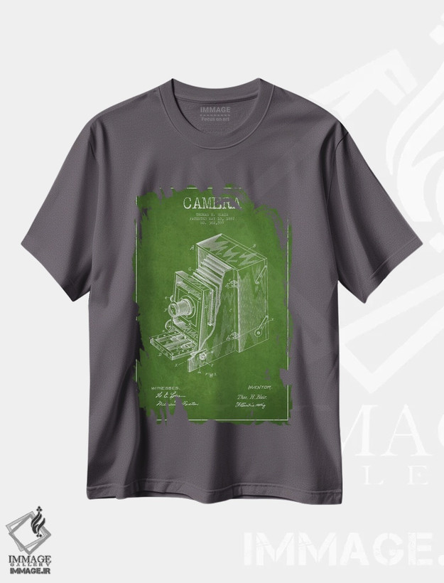 تیشرت طوسی طرح دار نقشهٔ اختراع دوربین اثر پیکسل کهنه