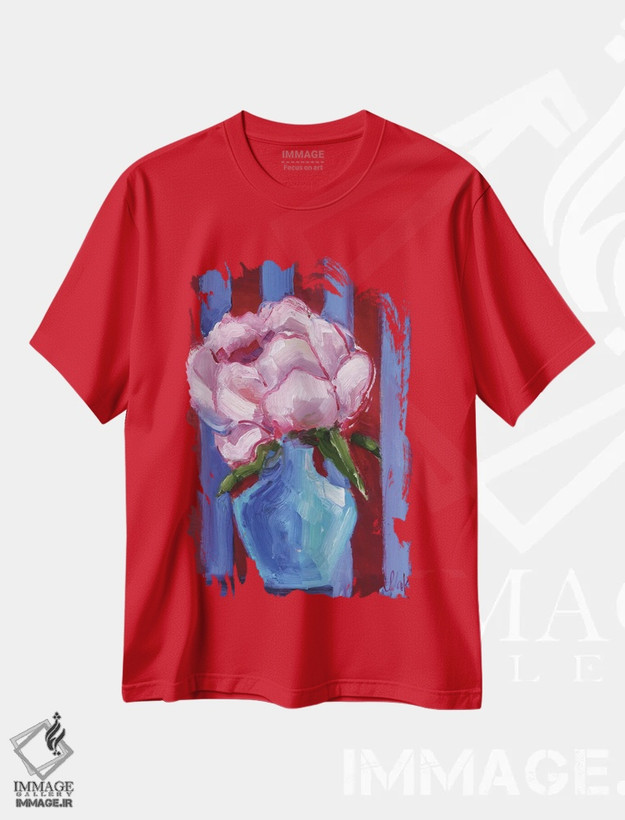 تیشرت قرمز طرح دار گل صدتومانی با زمینه راه راه اثر ناتالی مک
